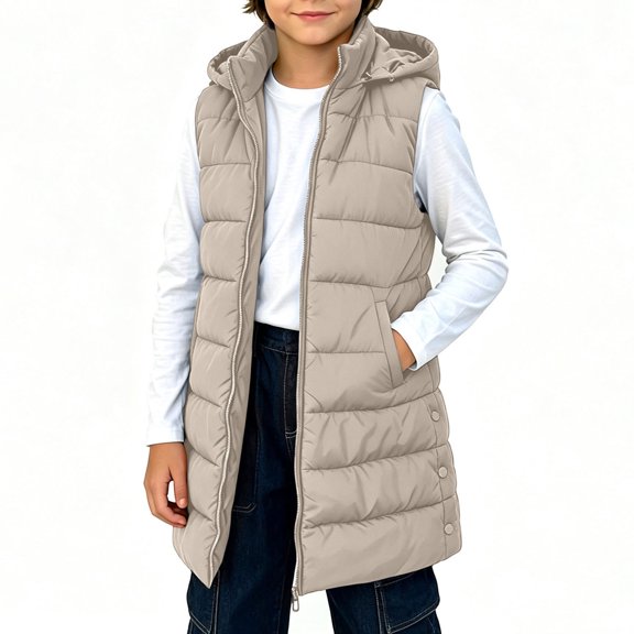 Kids Long Puffer Vest Girls Boys Hooded Sleeveless Padded Jacket Zip Up Stand Collar Quilted Coats Fall Winter Fashion Warm Lightweight Cozy Vests Outerwear with Pockets Khaki 9-10 Years