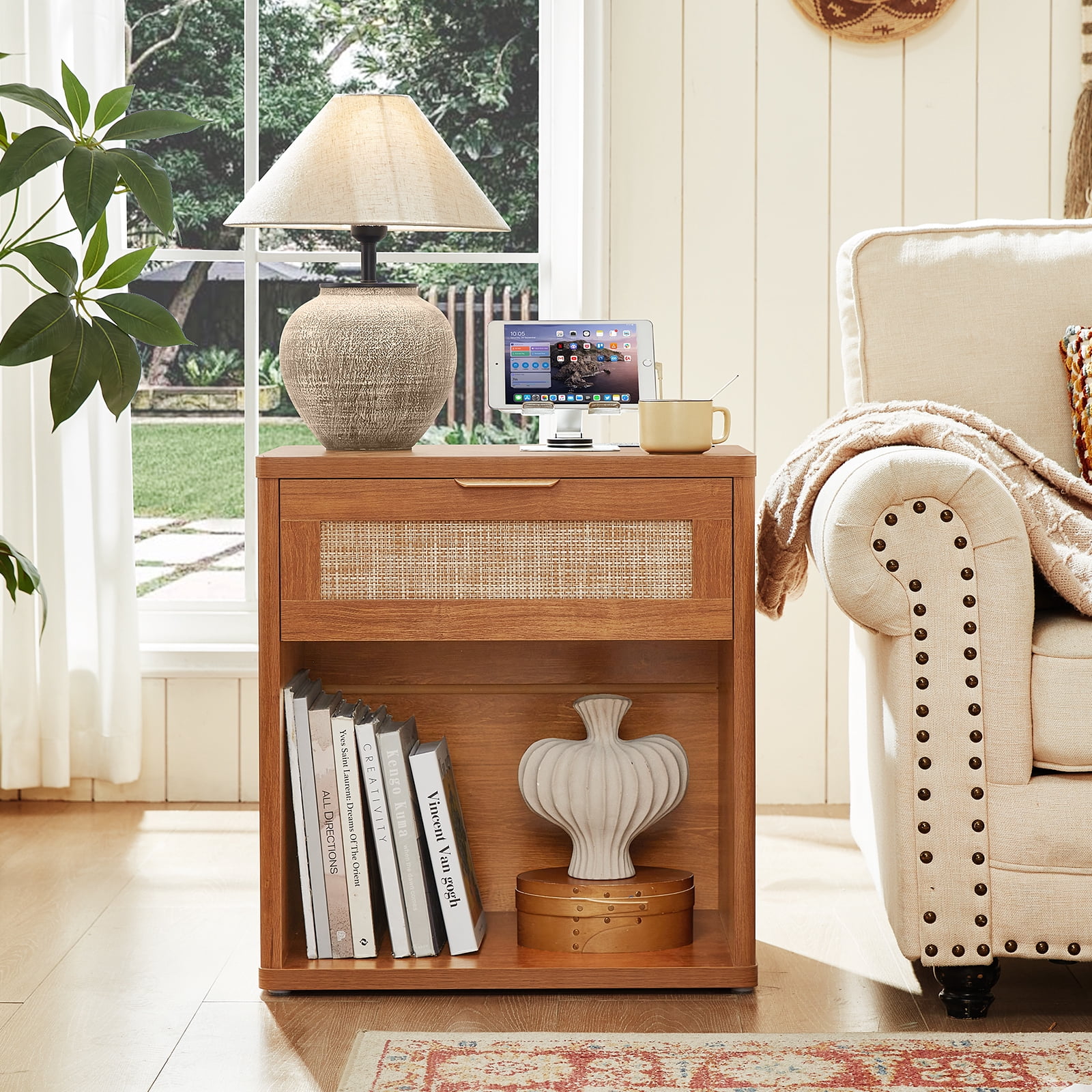 LELELINKY 2pc Rattan Nightstand with Charging Station, 23" Wide Boho Bedside Table with Drawer and Shelf for Bedroom, Living Room, Tea Color