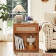 thumbnail image 3 of LELELINKY Rattan Nightstand with Charging Station, 23" Wide Boho Bedside Table with Drawer and Shelf for Bedroom, Living Room, Tea Color, 3 of 8