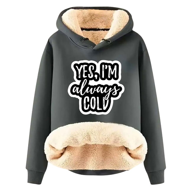 KIHOUT Spring Winter Womens Tops Winter Warm Plush Solid Color with Pocket Printed Long Sleeve Fleece Tops Hooded Sweatshirt