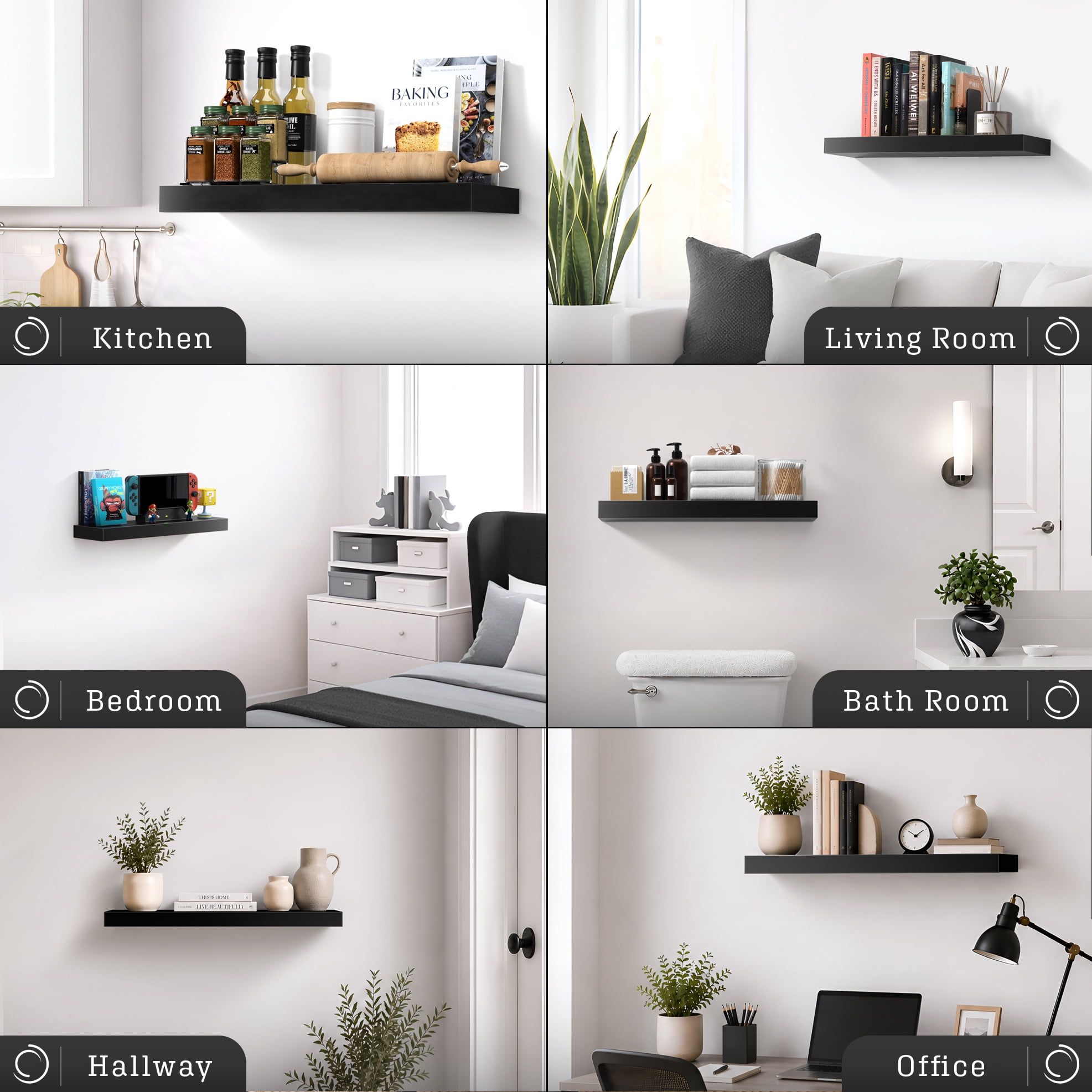 Sorbus 24" Floating Wall Shelf, Black, Invisible Brackets, Bathroom, Bedroom & Home Décor