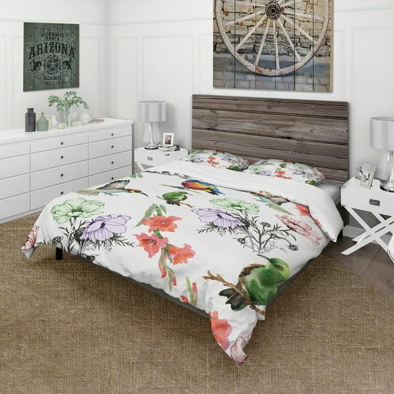 Designart 'Hummingburds and Blosssoming Drawn Flowers' Floral Duvet Cover Set