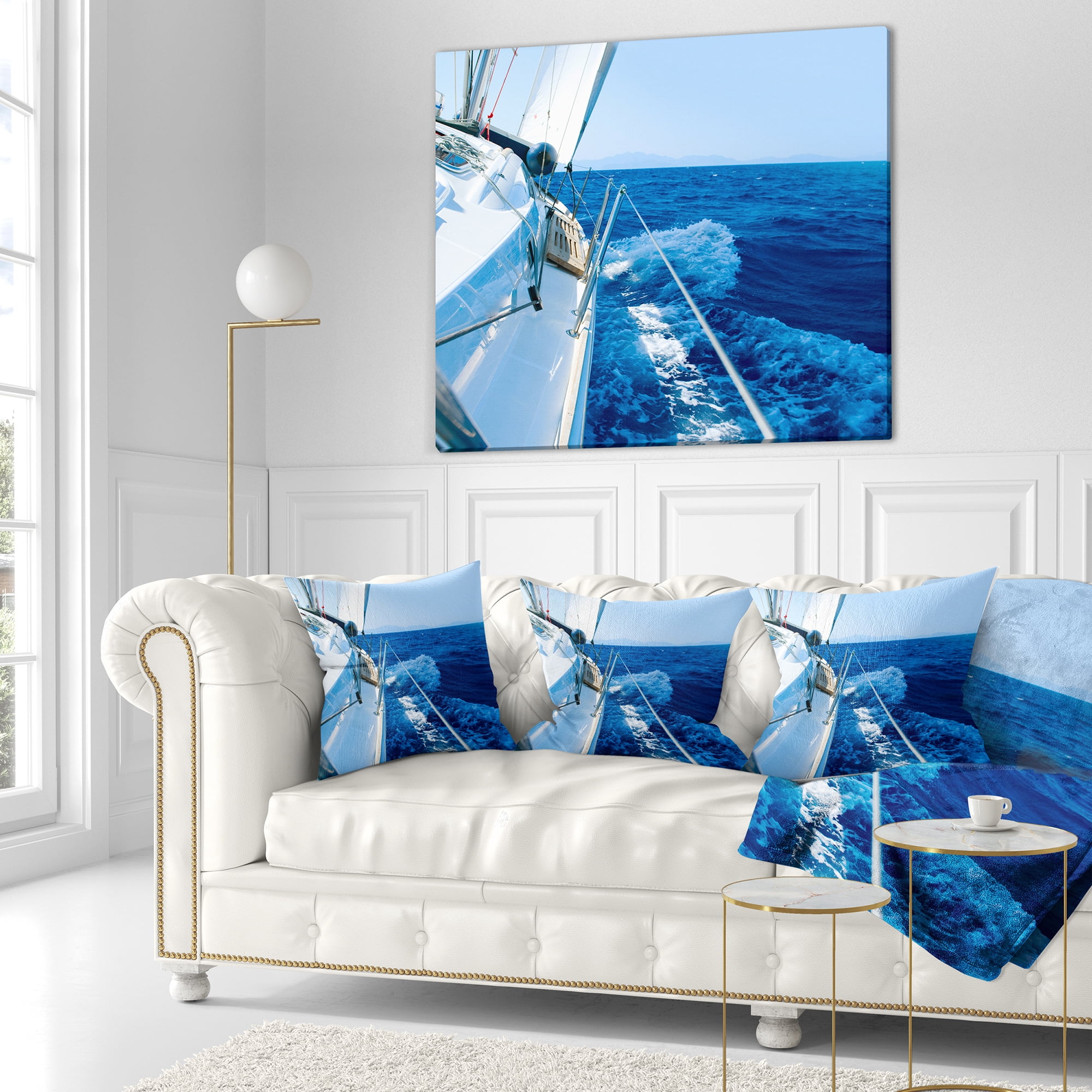 Designart Tourism Yacht Sailing in Blue Sea - Seashore Throw Pillow - 16x16