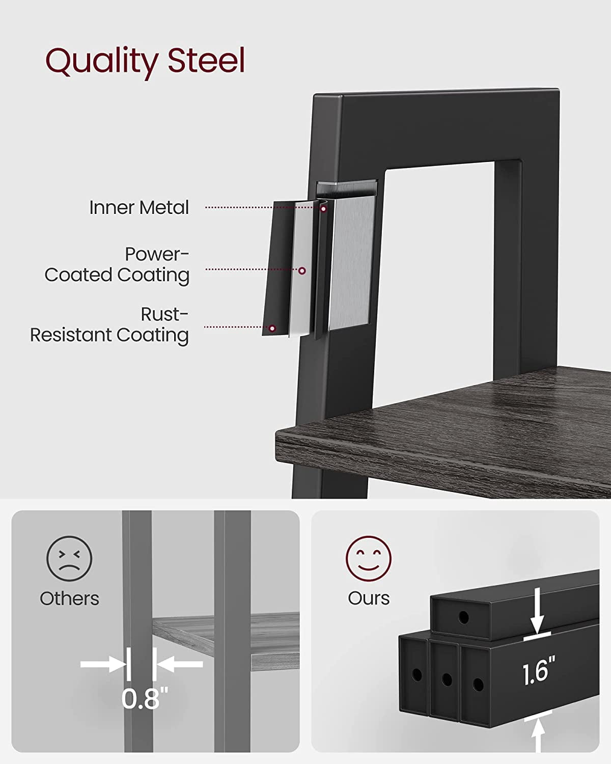 VASAGLE 4-Tier Ladder Shelf Ladder Bookshelf Bookcase Storage Rack with Steel Frame Charcoal Gray and Black