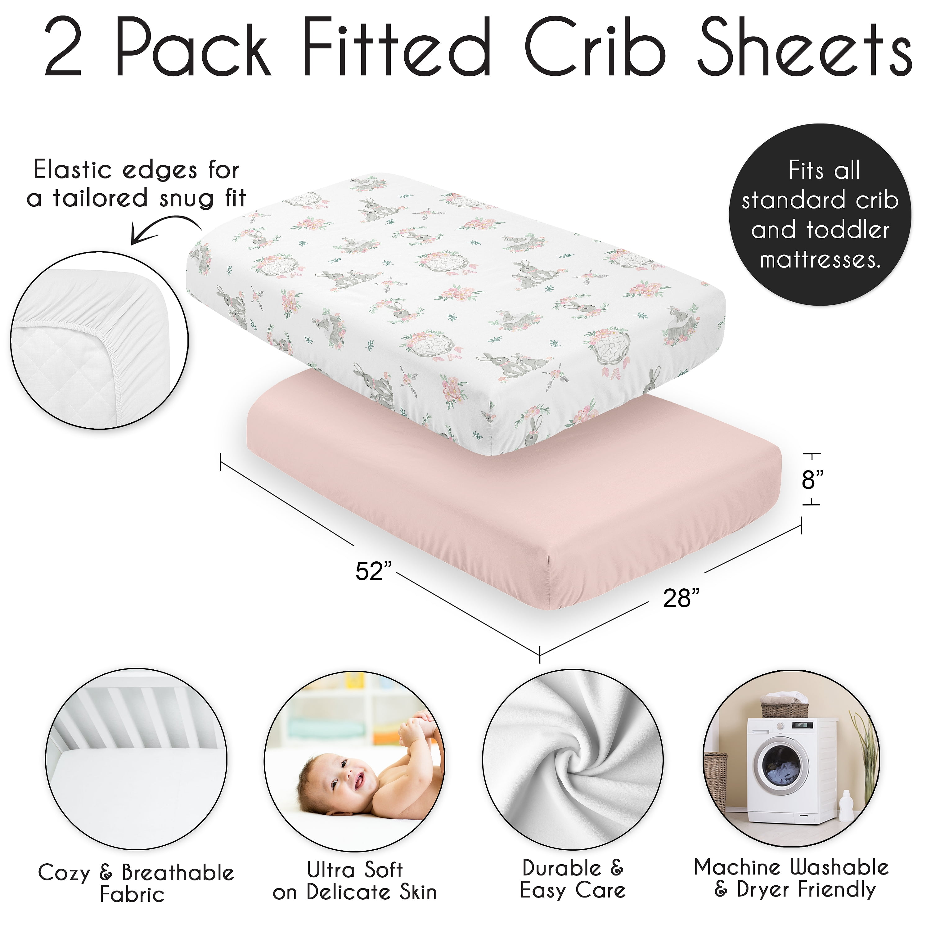 Sweet Jojo Designs Bunny Floral Girl Fitted Crib Sheets Set 2 Piece