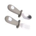 thumbnail image 4 of Juego de tenedores y cucharas de acero inoxidable para niños pequeños, utensilios seguros de silicona simples y bonitos de calidad alimentaria, A5 # gris y verde, 4 of 5