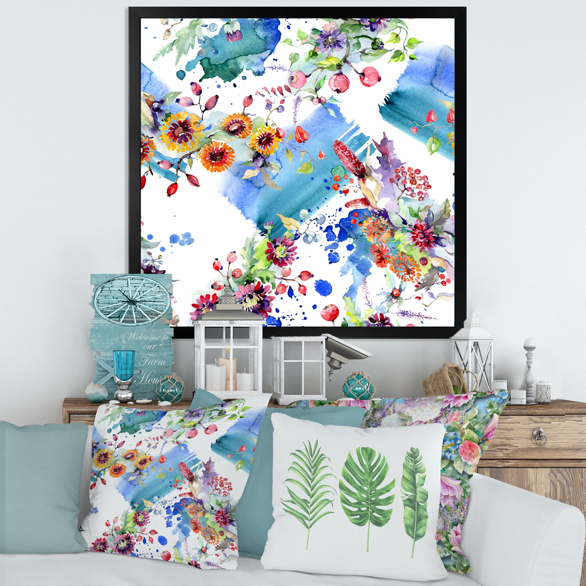 Wildflowers and Vibrant Wild Spring Leaves IX 30 in x 30 in Framed Painting Canvas Art Print, by Designart
