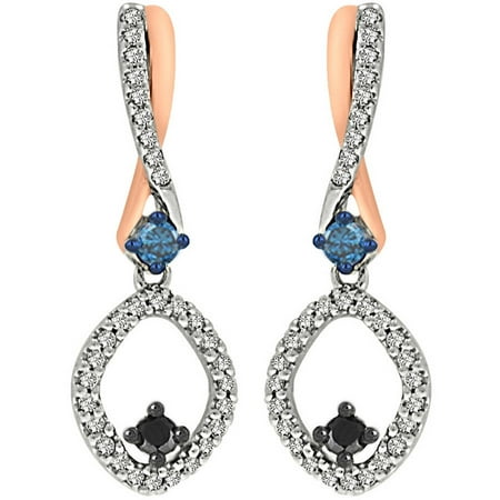 1/3 Carat T.W. White, Blue and Black Diamond Sterling Silver and 10kt Rose Gold Fashion Earrings