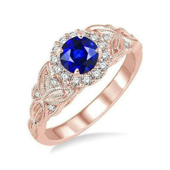Limited Time Sale Antique Vintage design 1.75 Carat Blue Sapphire 6mm Round Cut And Moissanite Diamond Engagement Ring in 10k Rose Gold for Women on Sale