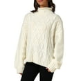 thumbnail image 4 of INSPIRE CHIC Women's Solid Color Turtleneck Oversize Long Sleeves Cable Knit Sweater S Cream, 4 of 6