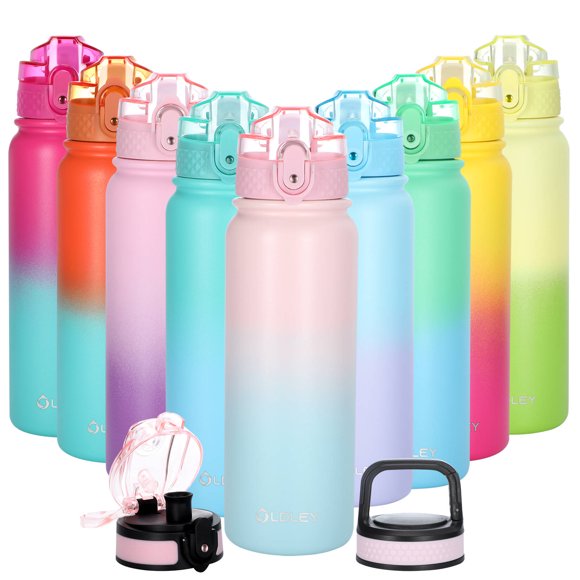 Oldley Bouteille d'Eau pour Enfants 20 oz / Couvercles 3-en-1 Étanches, Ouverture en un Clic et Mousqueton / Bouteille Isolée en Acier Inoxydable 24 H avec Autocollants