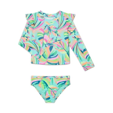 Wonder Nation Baby and Toddler Girl Long- Sleeve Rash Guard Swim Set, 2-Piece, Size 12M-5T