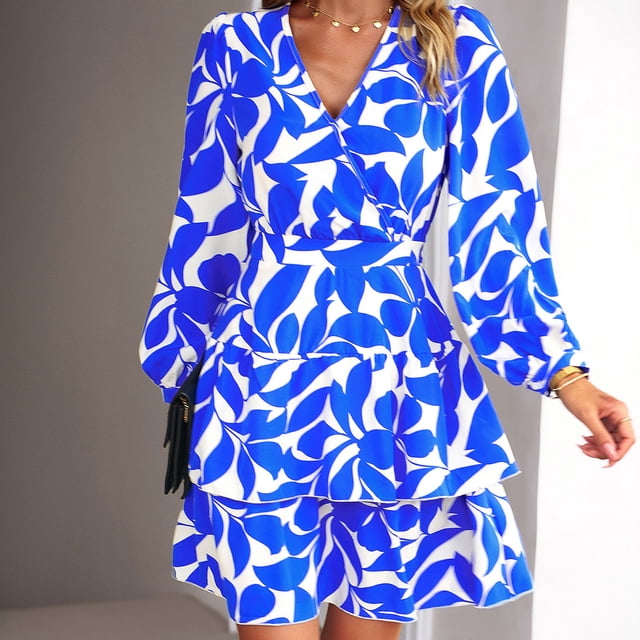 Fankiway Liquidation Robes à Manches Longues Mode Dames Couleur Unie Imprimé Feuille Chiffon Femme Manches Longues Col en V Robe Décontractée Robes Femmes Grande Taille Liquidation
