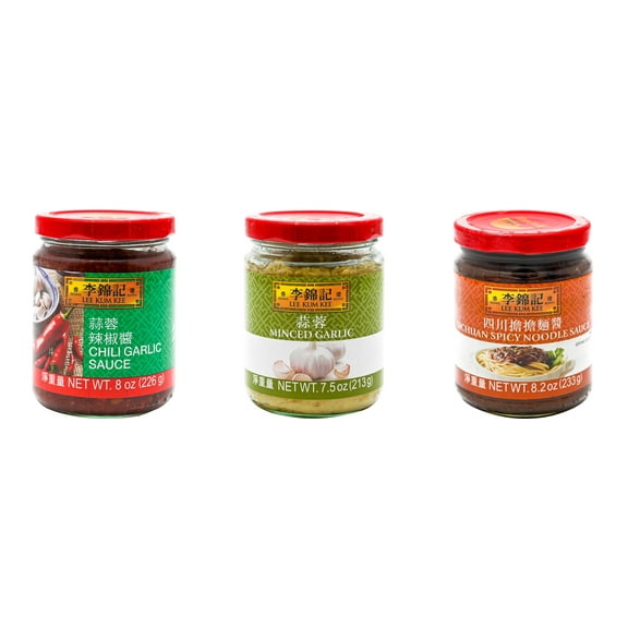 3 Pack Lee Kum Kee Cooking Sauce, 3 Flavors(Chili Garlic Sauce,Minced Garlic Sauce,Sichuan Spicy Noodle Sauce) Plus NineChef Brand Long Handle Coffee Spoon