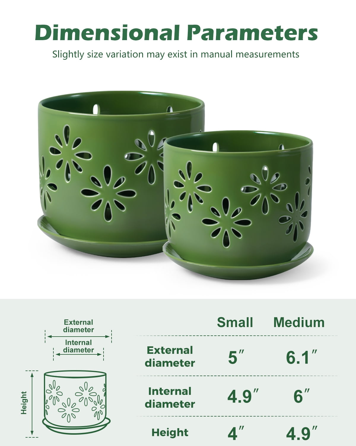BUYMAX 5" & 6" Ceramic Orchid Pots with Holes and Trays, Blossom Geo Verdigris Patina, Set of 2