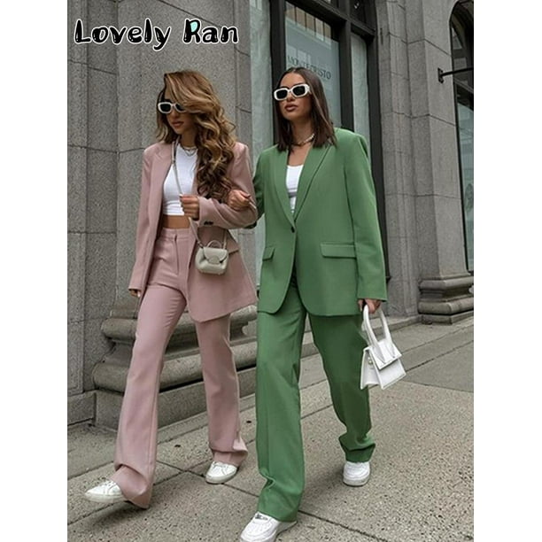 Conjunto de dos piezas para mujer, Blazer de manga larga con cuello en V, pantalones de pierna ancha, traje a juego