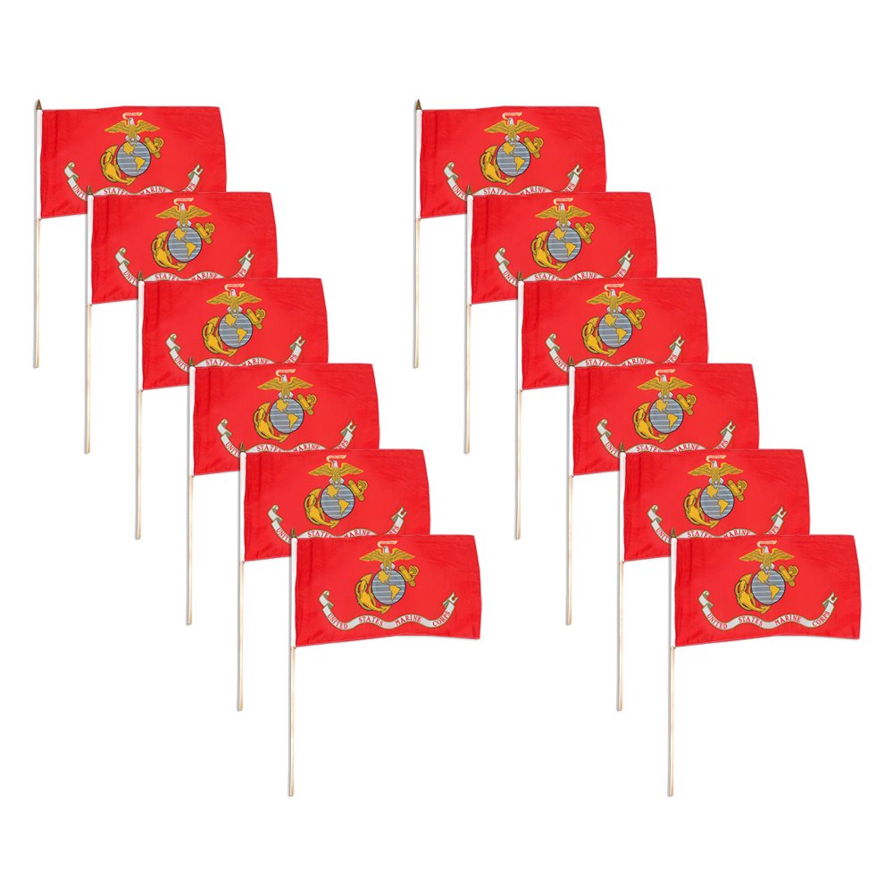 12 pack Marine Corps Flag 12" x 18" mounted on 24" wooden stick