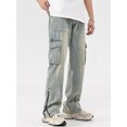 thumbnail image 2 of Pantalones vaqueros amarillos para hombre, monos de Color sólido Y2K con botones, cremallera multibolsillos para hacer pantalones viejos, sueltos, A148, 2 of 6