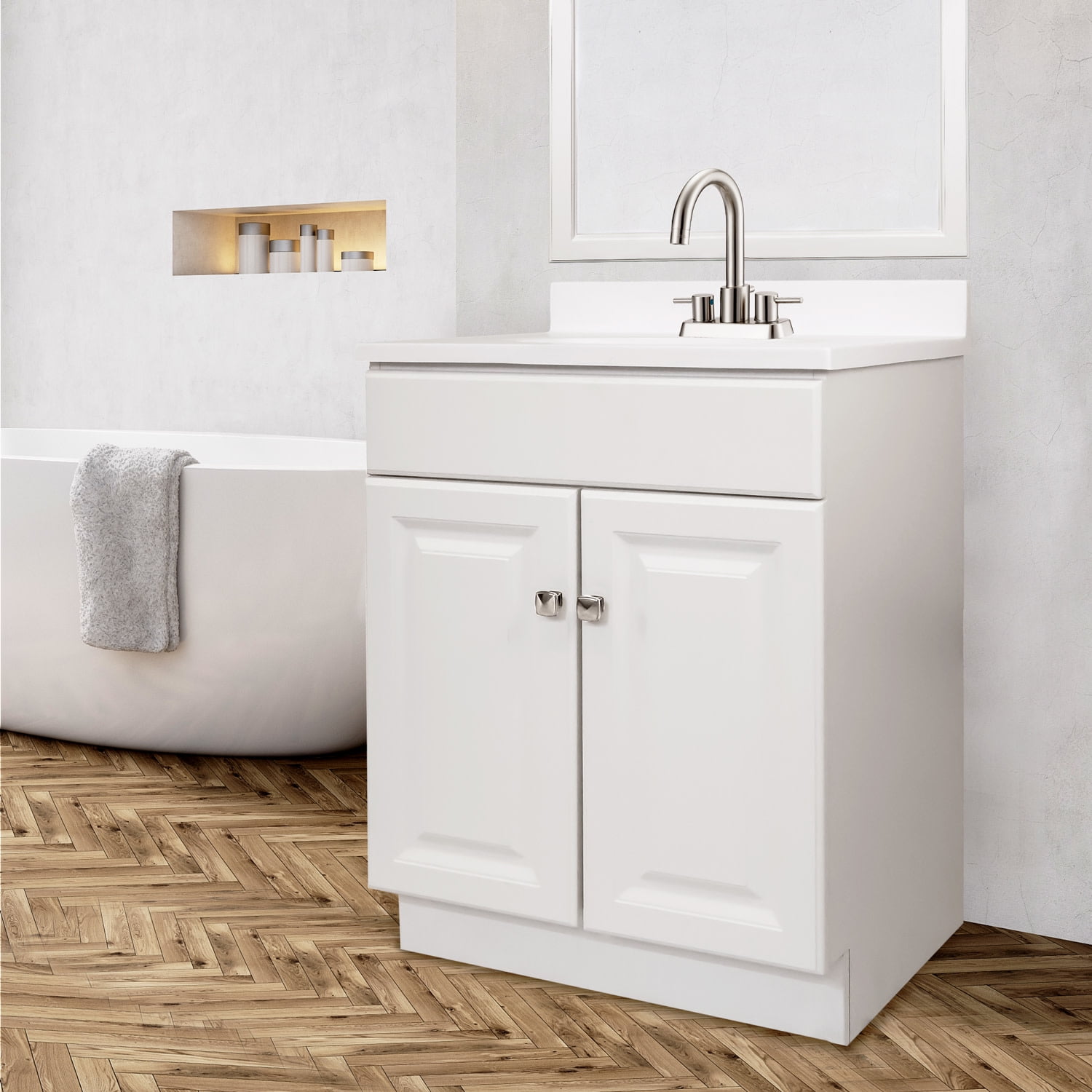 Design House Eastport II Contemporary Center set Deck Mount 2-Handle Faucet for Bathroom Satin Nickel
