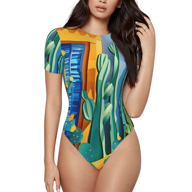 Fotbe Bright Paper Cactus Scene Body de Mujer con Cuello Redondo y Mangas Cortas, Sin Mangas Ajustado, Suave, Cómodo y Básico-Small