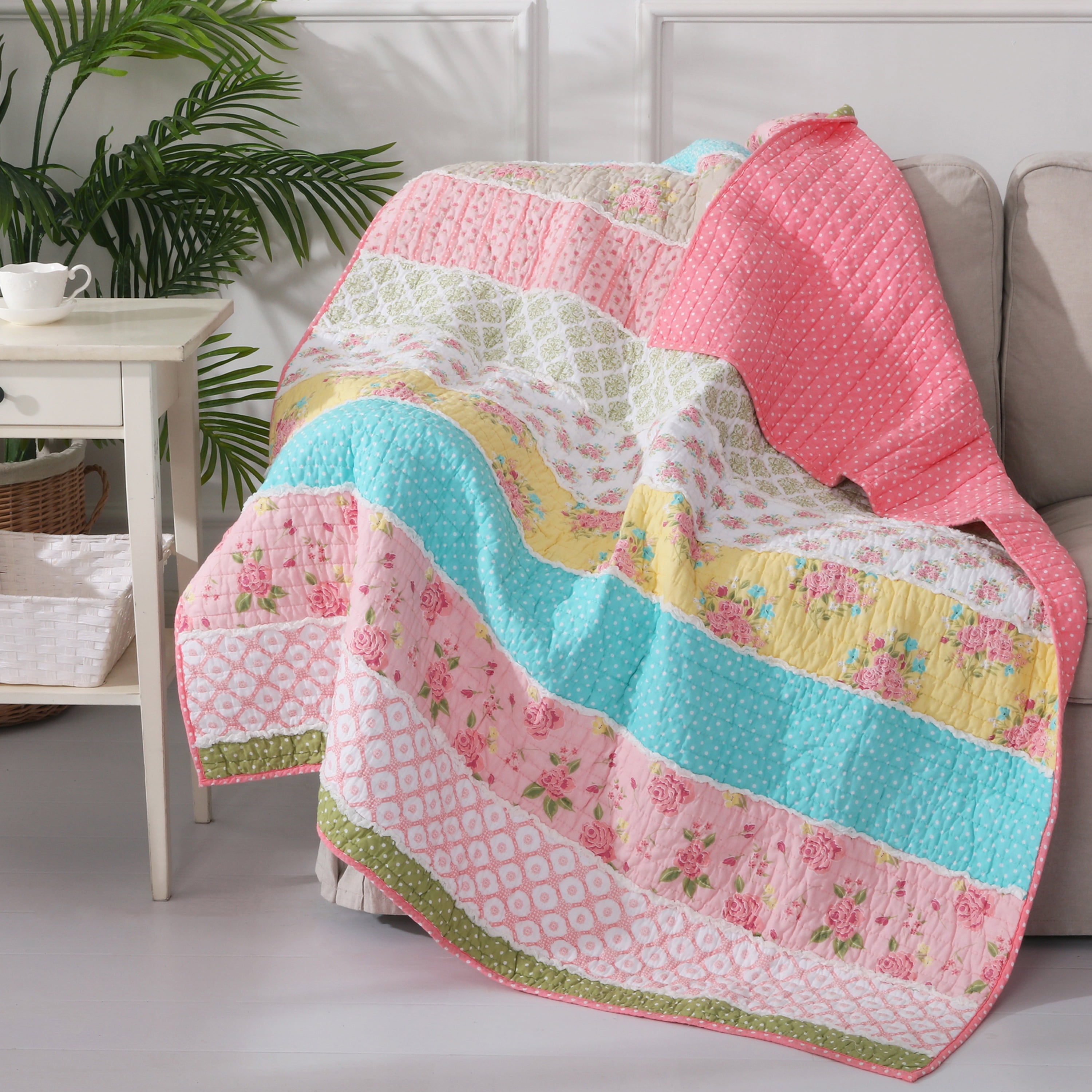 Southwest Baby Rag Quilt, In an Aztec/Geometric print with bright shades of citron, green buy turquoise, white, magenta and pink.Handmade quilt!