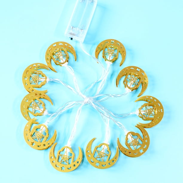 Fiudx Faroles de Ramadán Eid, Led Blanco Cálido o Multicolor, 10 Faroles Decorativos, Arte de Hierro Dorado, Decoración Festiva para El Hogar, Se Recomienda Su Uso En Interiores, 165 Cm de Largo