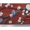 thumbnail image 1 of Soimoi Red Cotton Voile Fabric Peach Floral & American Robin Bird Decor Fabric Printed BTY 58 Inch Wide, 1 of 3
