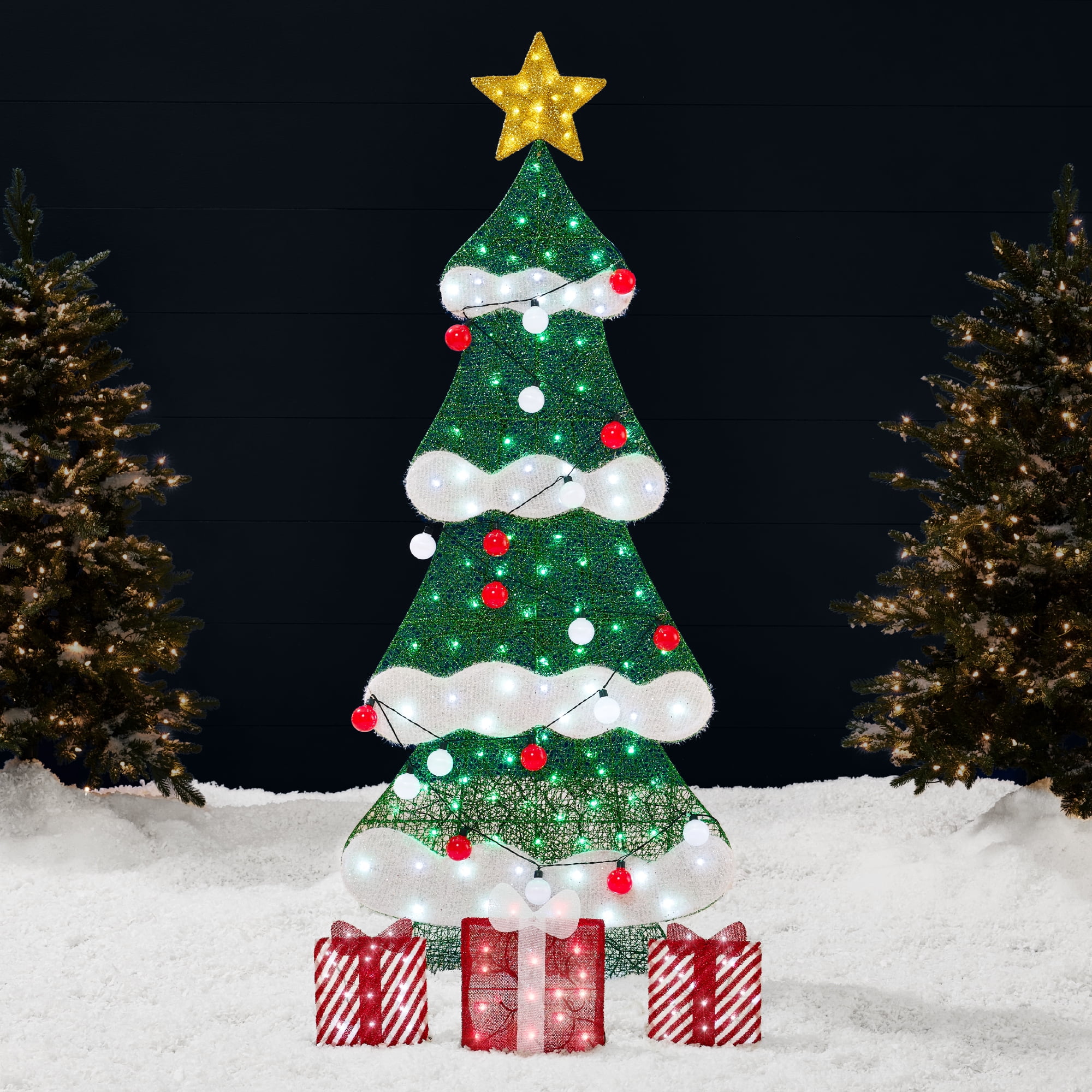 Best Choice Products 6ft Lighted 2D Christmas Tree Outdoor Decor w/ 170 LED Lights, Gift Boxes, Storage Bag - Red