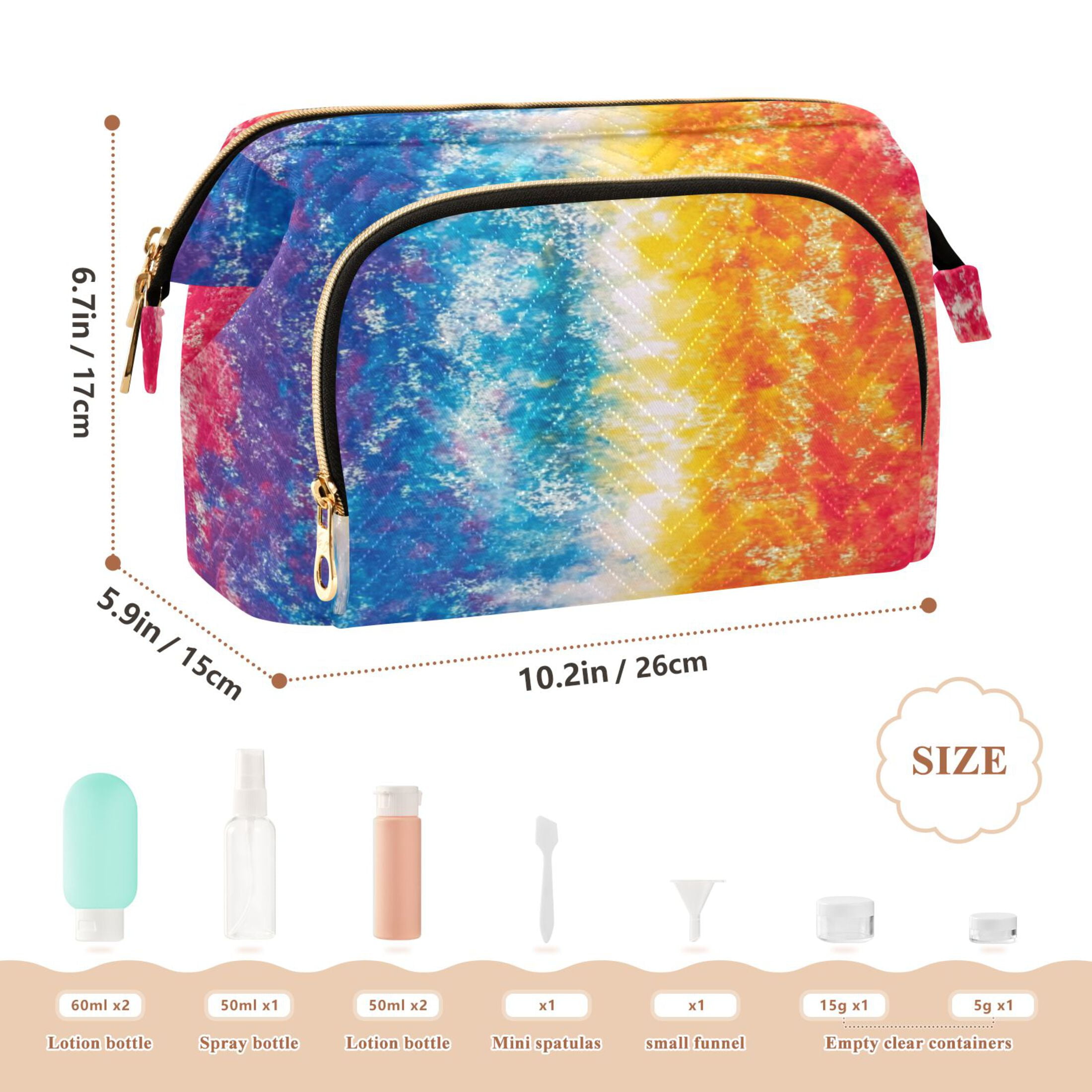 Wavy Quilted Cosmetic Bag Large-Capacity Travel Toiletry Organizer Includes 9-Piece Portable Travel Bottle Set Rainbow Color Tie-dye