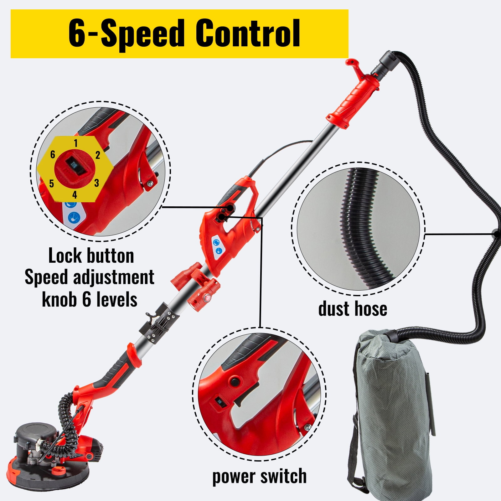 VEVOR Electric Drywall Sander 850W  , Drywall Sander Foldable Sheetrock Sander with Telescope Handle ,Electric Sander Variable Speed 800-1750RPM ,Wall Sander with LED Lights and Vacuum Bag, 6 Sand Pad