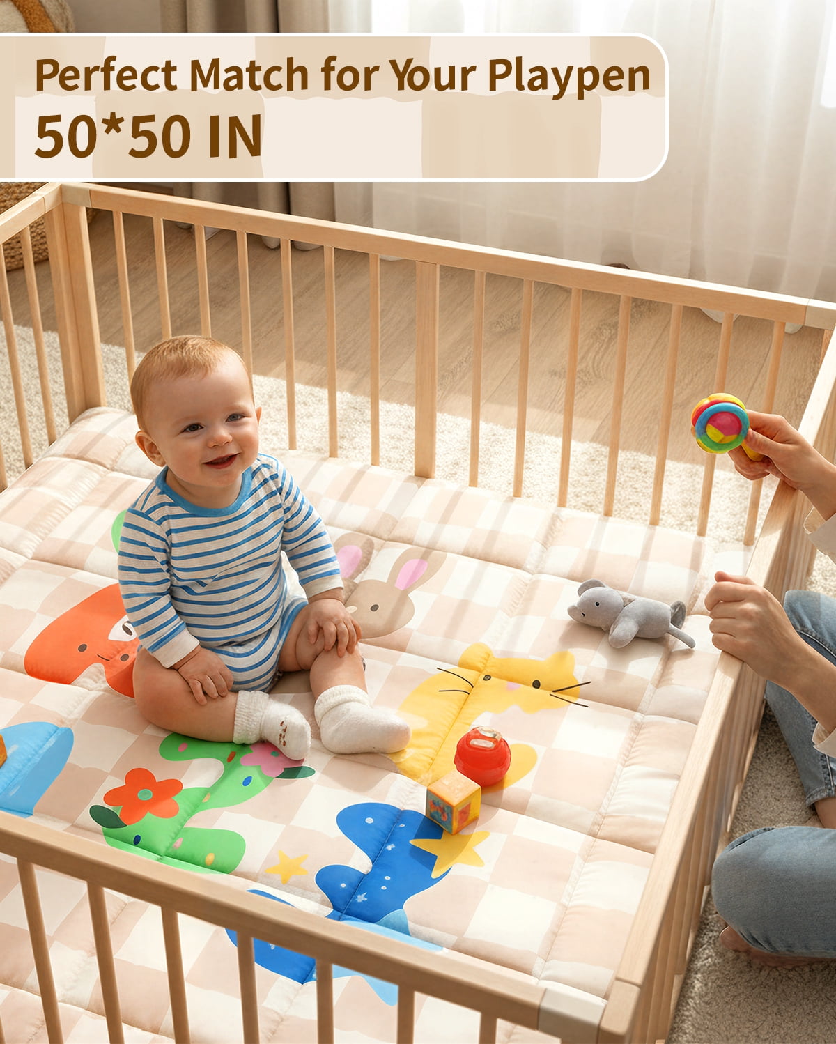 Tiny Marvels Baby Play Mat for Floor, Super Soft, Non-Slip, Fits 50x50 Playpen,Age_Group 0-5 Years (Sand Checks)