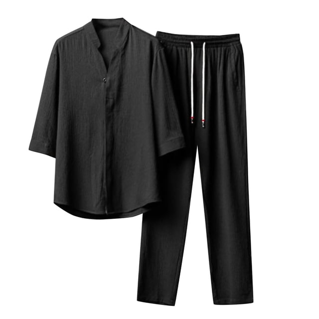 Men's Suits Male Two Piece Set Half Sleeve Button Shirt Tether Trousers Solid Color Suit for Casual and Formal Occasions