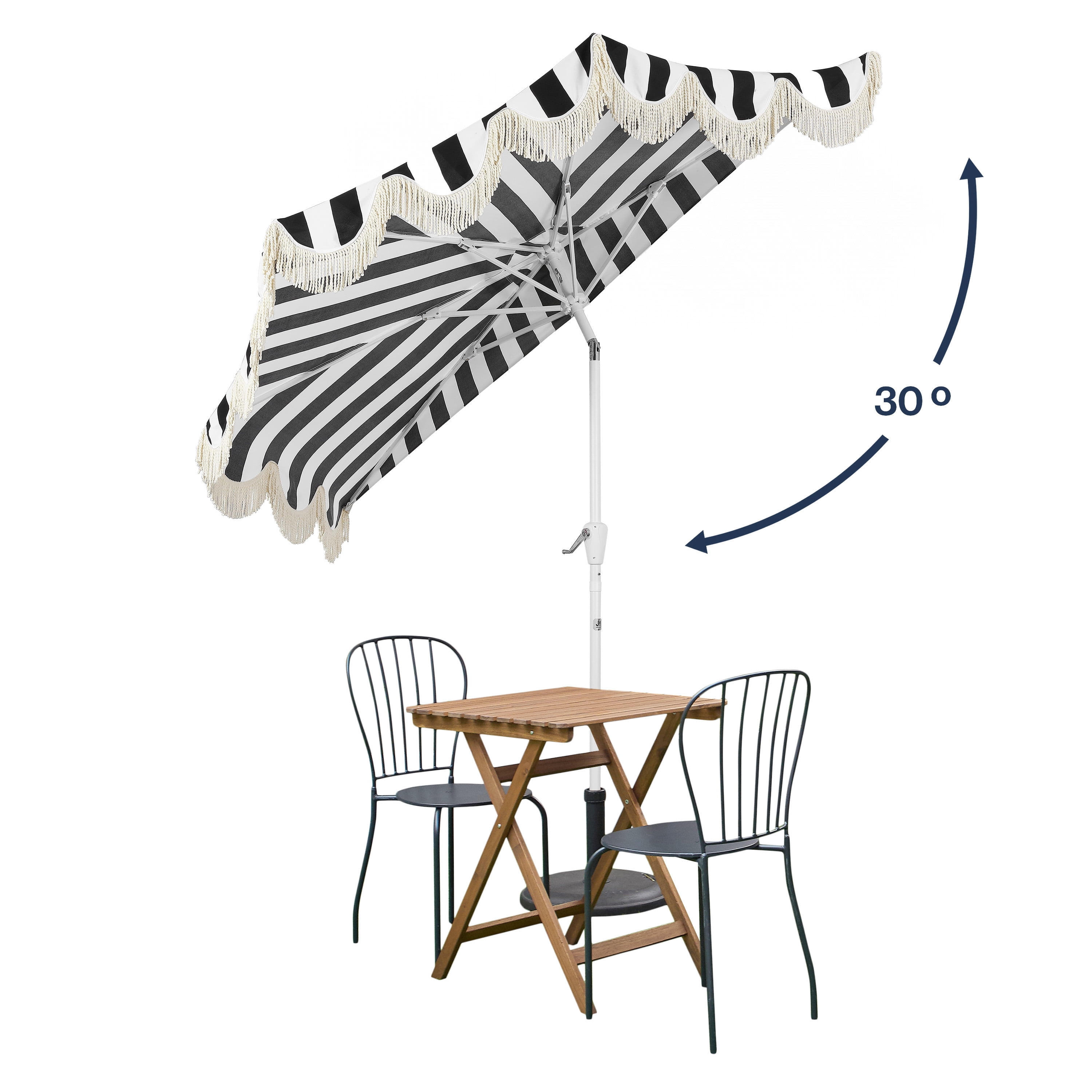 JONATHAN Y Beverly 9 ft. Half Market Patio Umbrella, Designer Classic Scalloped Fringe with Crank, Tilt Button and UV Protection, Black/White, White Pole