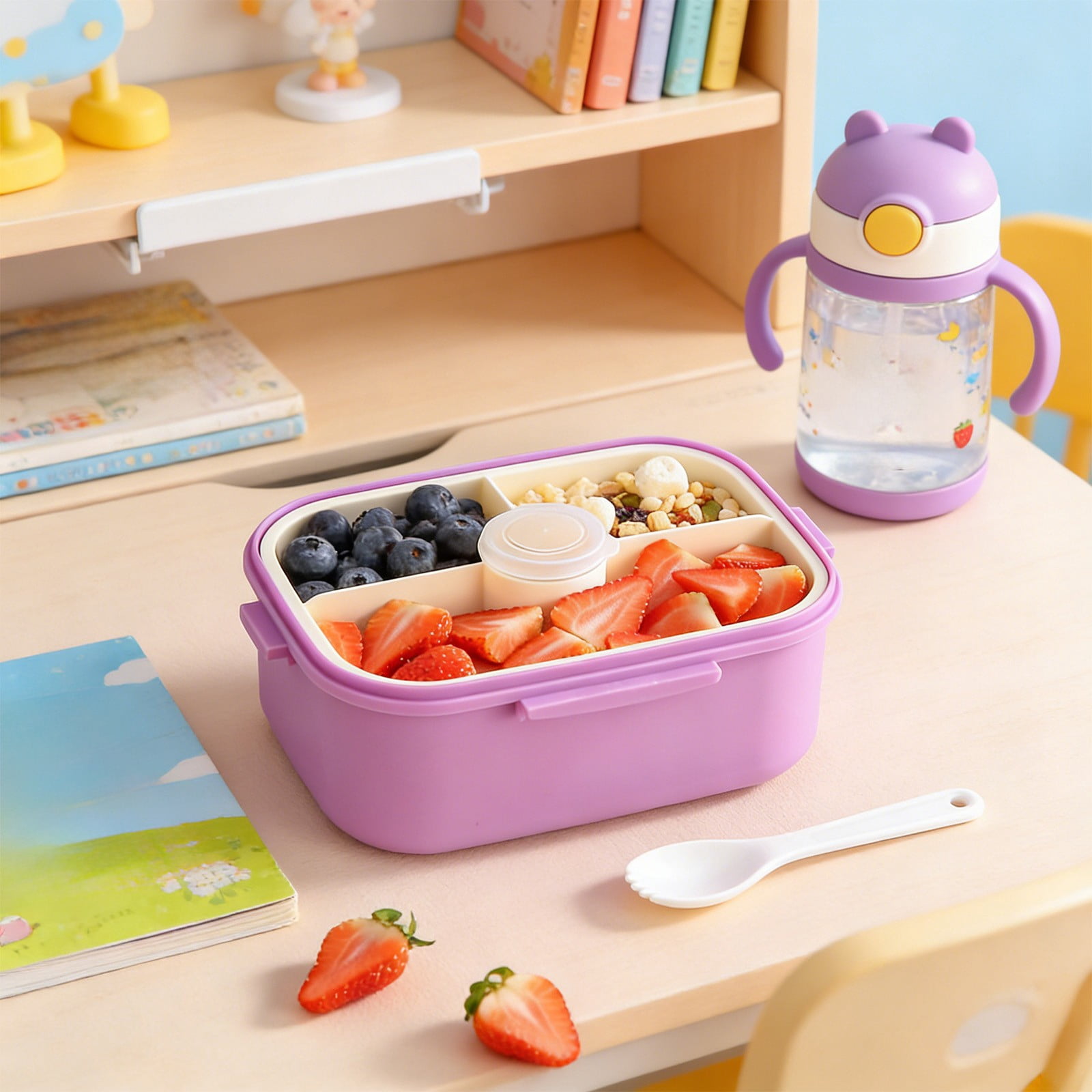 Rijanmt 304 Stainless Steel Lunch Box With 1 Fork & Knife,50.7 Oz Large Food Storage Container With 4-Compartments-Lid,Reusable Divided Meal Prep Box For Home Work Travel,Adults Students Use,Purple