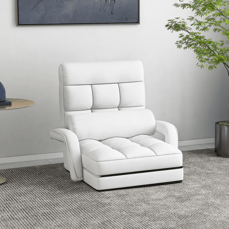 Barara King Folding Lazy Floor Chair with Armrests and Pillow, Recliner Chair Sofa with Adjustable Feature, Single Recliner for Bedroom, Living Room, Home Office, White