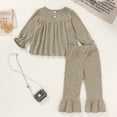 thumbnail image 2 of Happy Town Toddler Girl Fall Winter Outfits Smocked Puff Sleeve Top Ruffle Flare Pants Set Kids Casual 2-Piece Set, 2 of 8