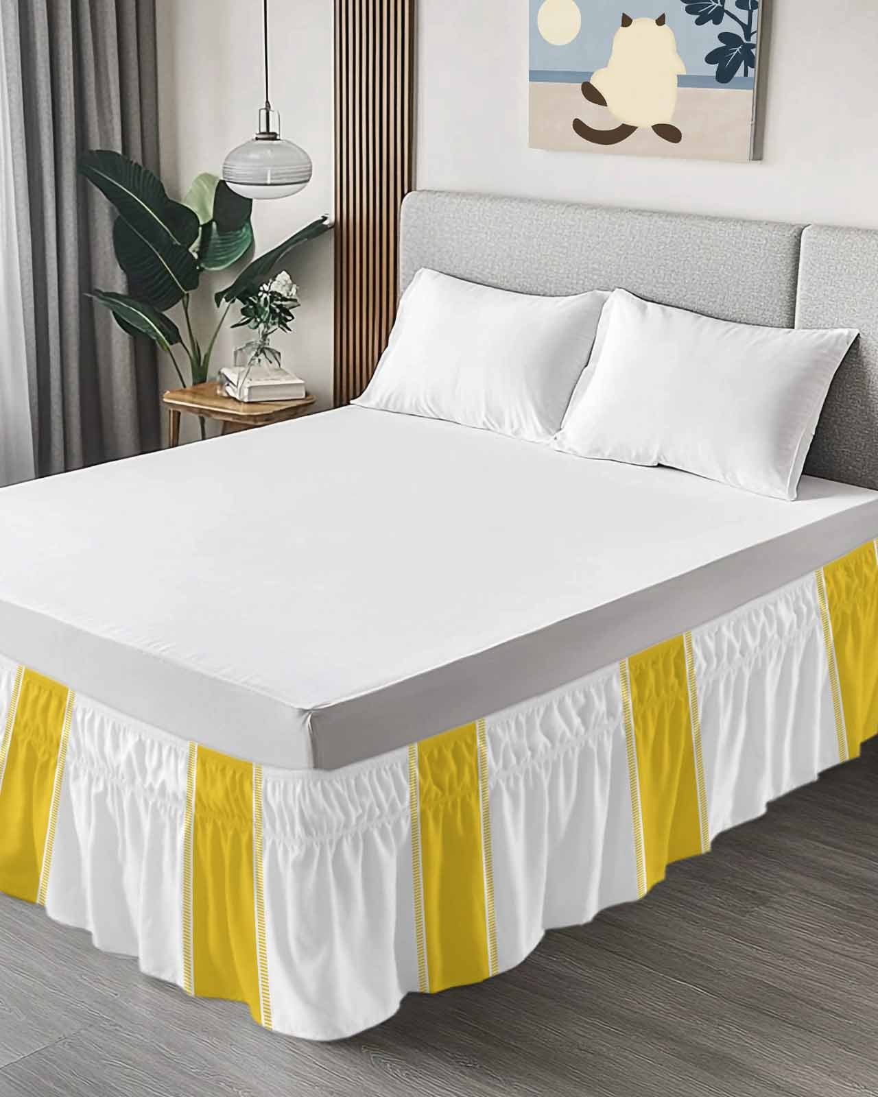 Yellow Stripes Bed Skirt Bed Skirts Queen Size 16 Inch Drop, Wrap Around Dust Ruffle&nbsp;Bedskirt with Adjustable Elastic Belt for Queen Size Beds
