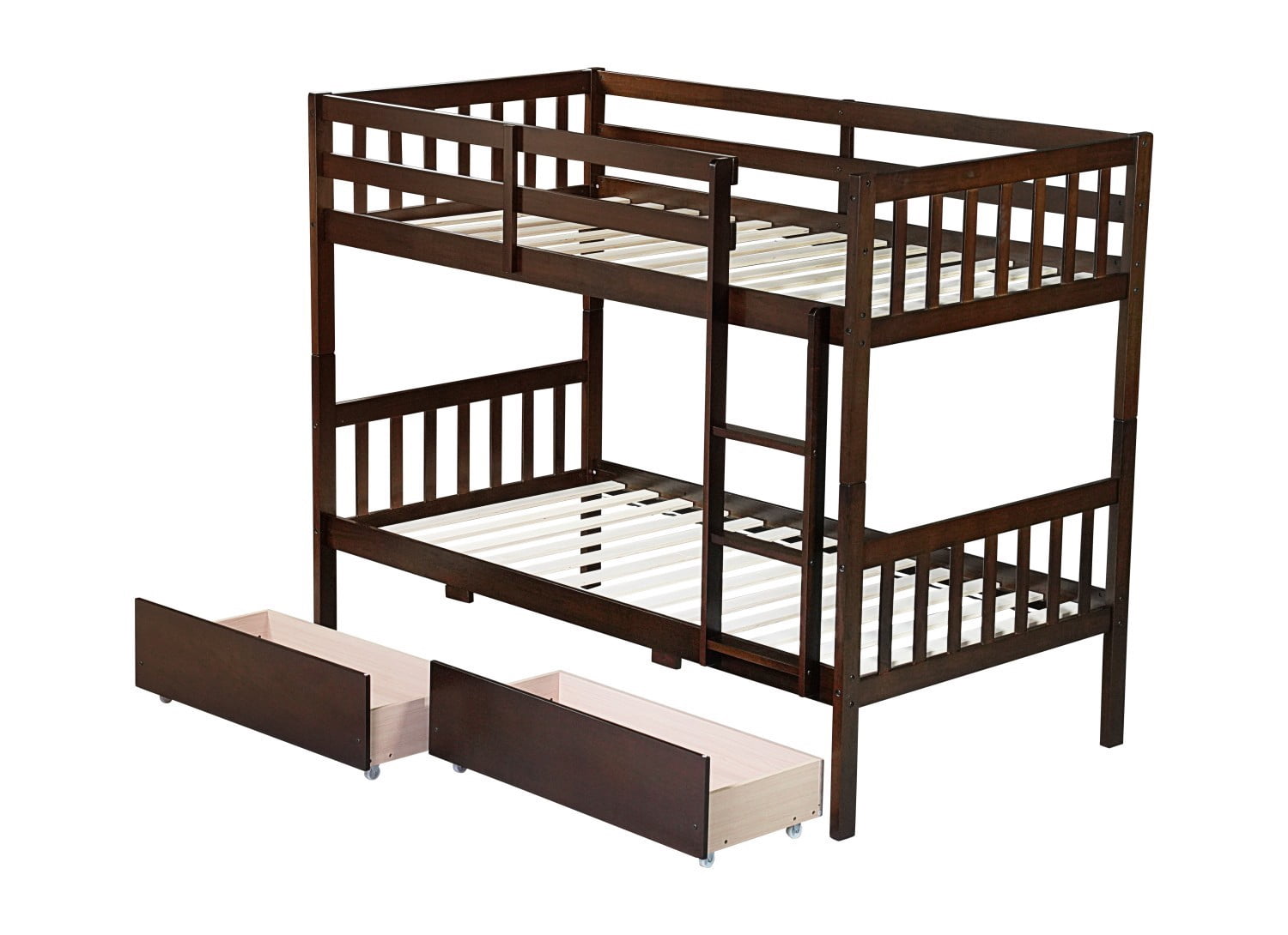 Twin Over Twin Rubber Wood Bunk Bed with Storage Drawers, Convertible Wood Bunk Bed Frame with Safety Guardrails and Ladder, Space Saving Kids Bed for Bedroom, Espresso