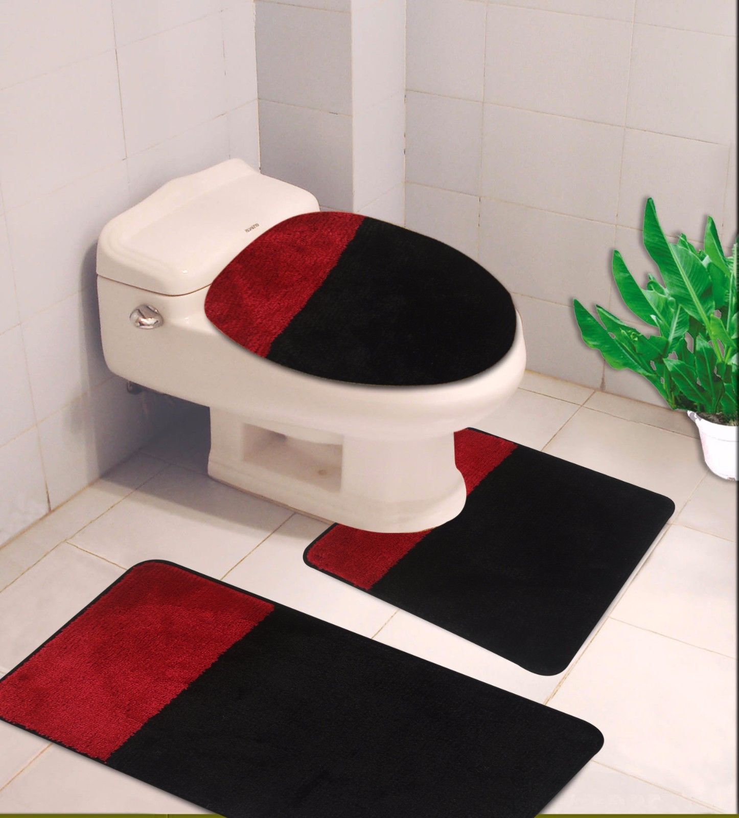 3PC (7) 2 Tone Black/Red HIGH QUALITY Jacquard Bathroom Bath Rug Set
