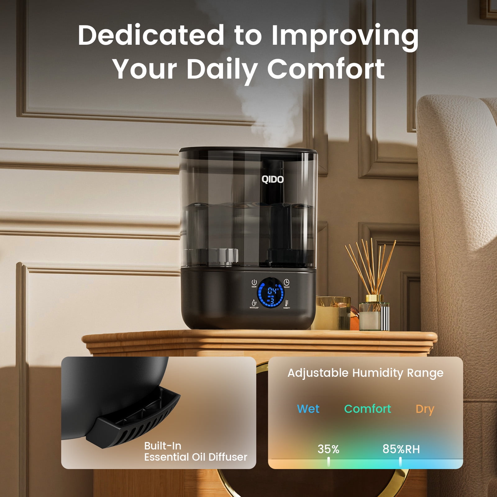 LUCKLIFE Smart Humidifiers for Bedroom,5L Top Fill Cool Mist & 36H Runtime Ultrasonic Humidifier,Quiet 28dB Essential Oil Diffuser for Baby & Plants, Black