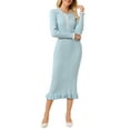 thumbnail image 2 of INSPIRE CHIC Women's Long Sleeve Sweater Dress Contrast Trim Ruffled Fall Winter Ribbed Knit Bodycon Dresses M Light Blue, 2 of 5