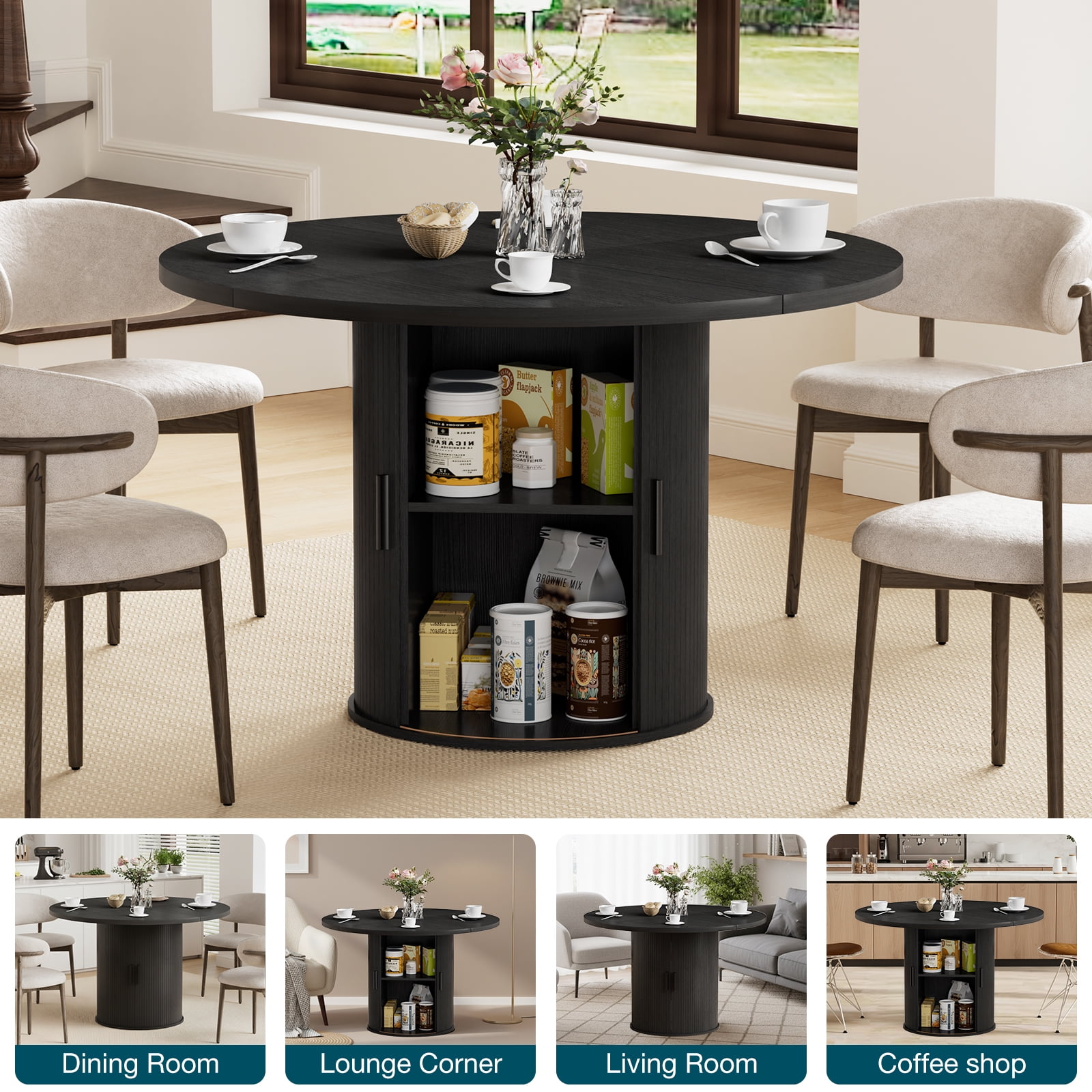 Hommpa 48" Round Dining Table with Storage,Morden Kitchen Table Wood for 4 with 2-Layer Storage Shelves and Wood Slide Door for Kitchen Living Room,Heavy Duty Pedestal Base,Black