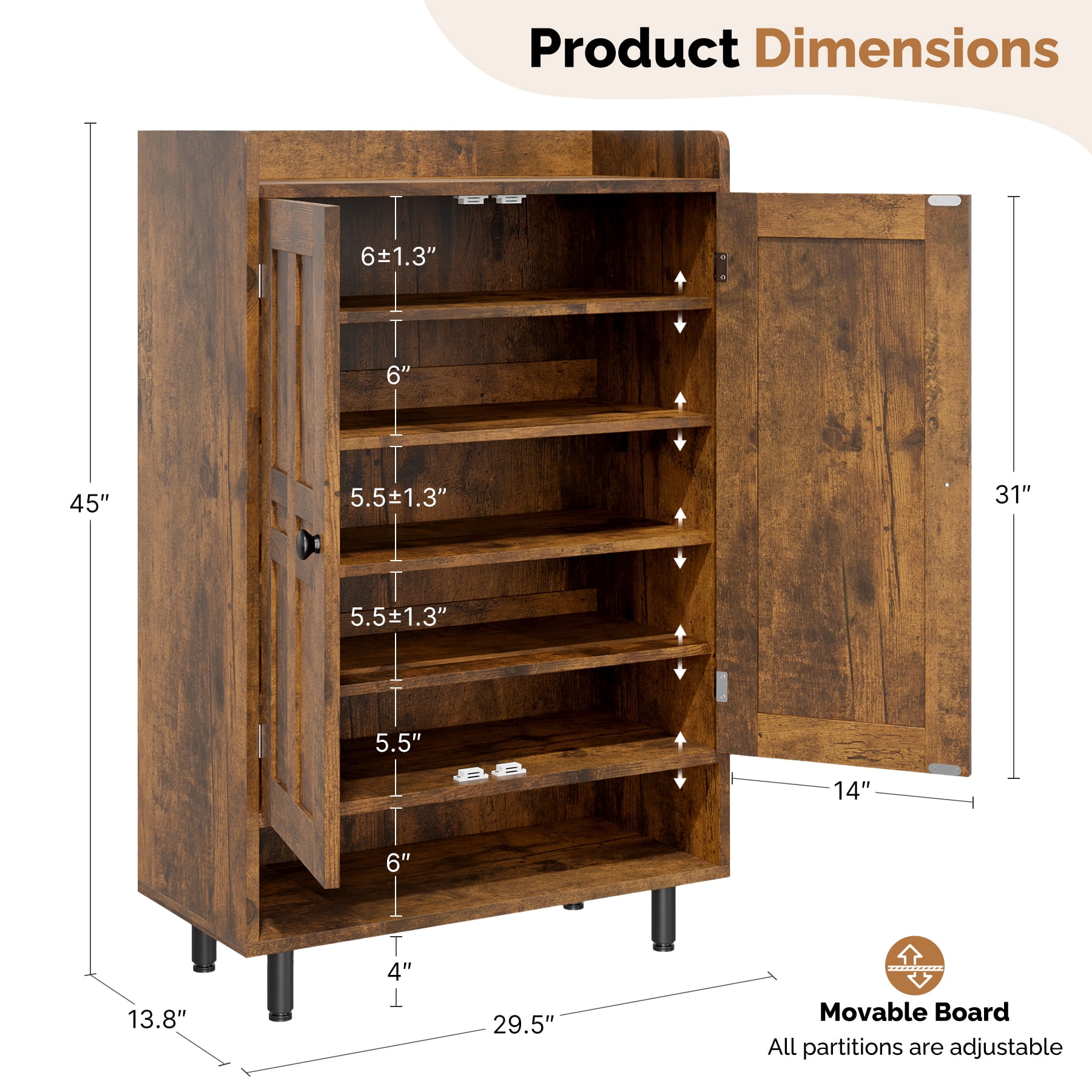 MOONMISS 5-Tier Adjustable Shelves Shoe Cabinet with Doors,Freestanding Shoe Storage Organizer,Shoe Rack for Entryway,Hallway,Closet