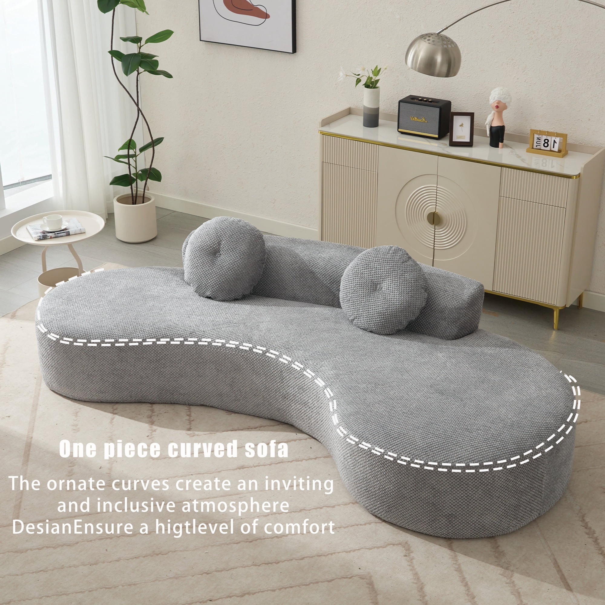 Aukfa 106" Curved Chaise Sofa Deep Seat Sofa for Living Room, 2 Pillows, Corduroy, Gray