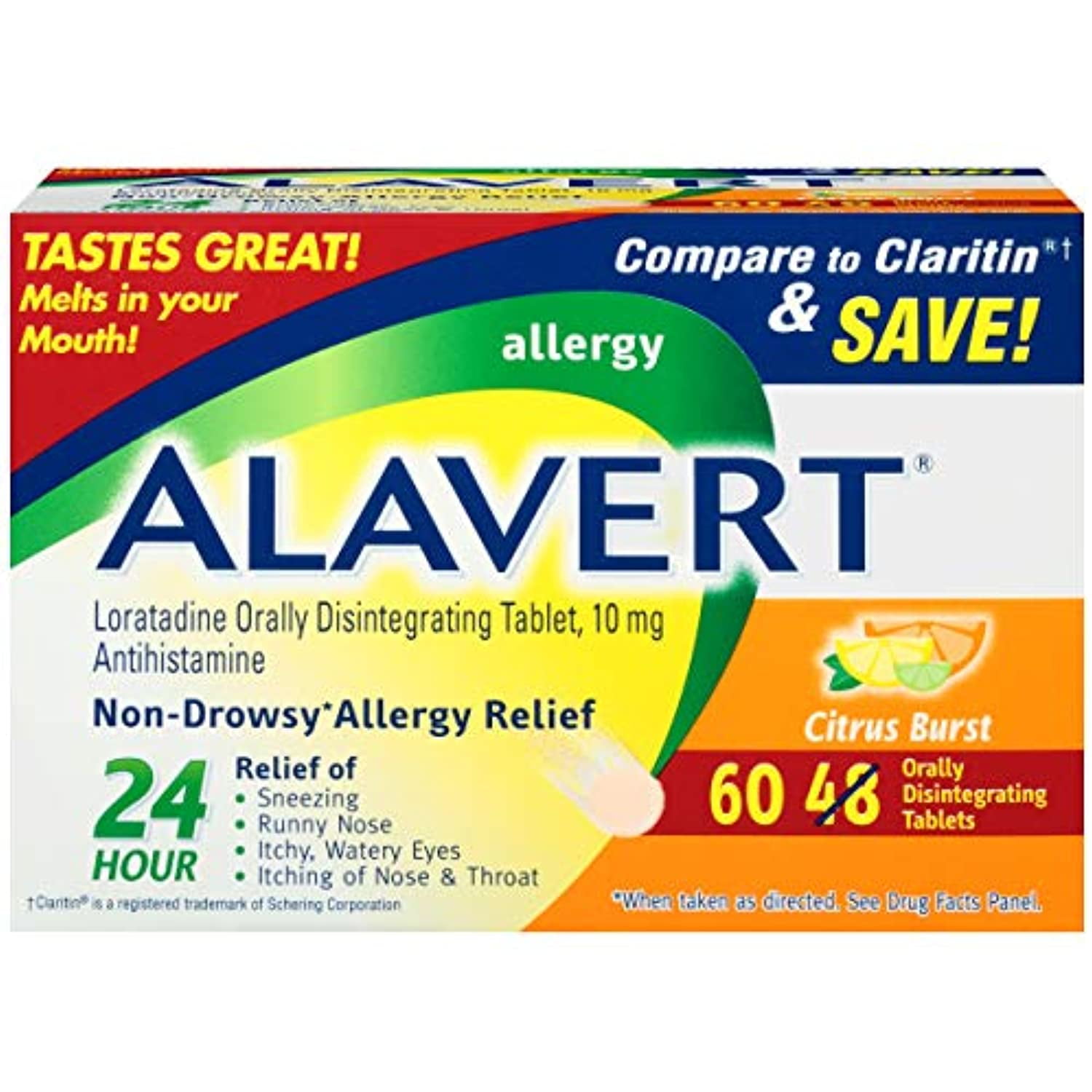 Alavert Allergy 24hour Relief (Citrust Burst Flavor Orally Disintegrating Tablets), NonDrowsy, Antihistamine, Citrus Burst, 60 Count 60 Count (Pack of 1)