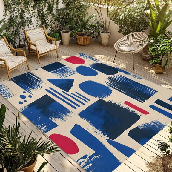 Fsddascl Blue Red Color Block Outdoor Rug for Patio/Deck/Porch, Non-Slip Large Area Rug 4 x 6 Ft, Aesthetics Abstract Impressionist Indoor Outdoor Rugs Washable Area Rugs, Camping Rug Carpet