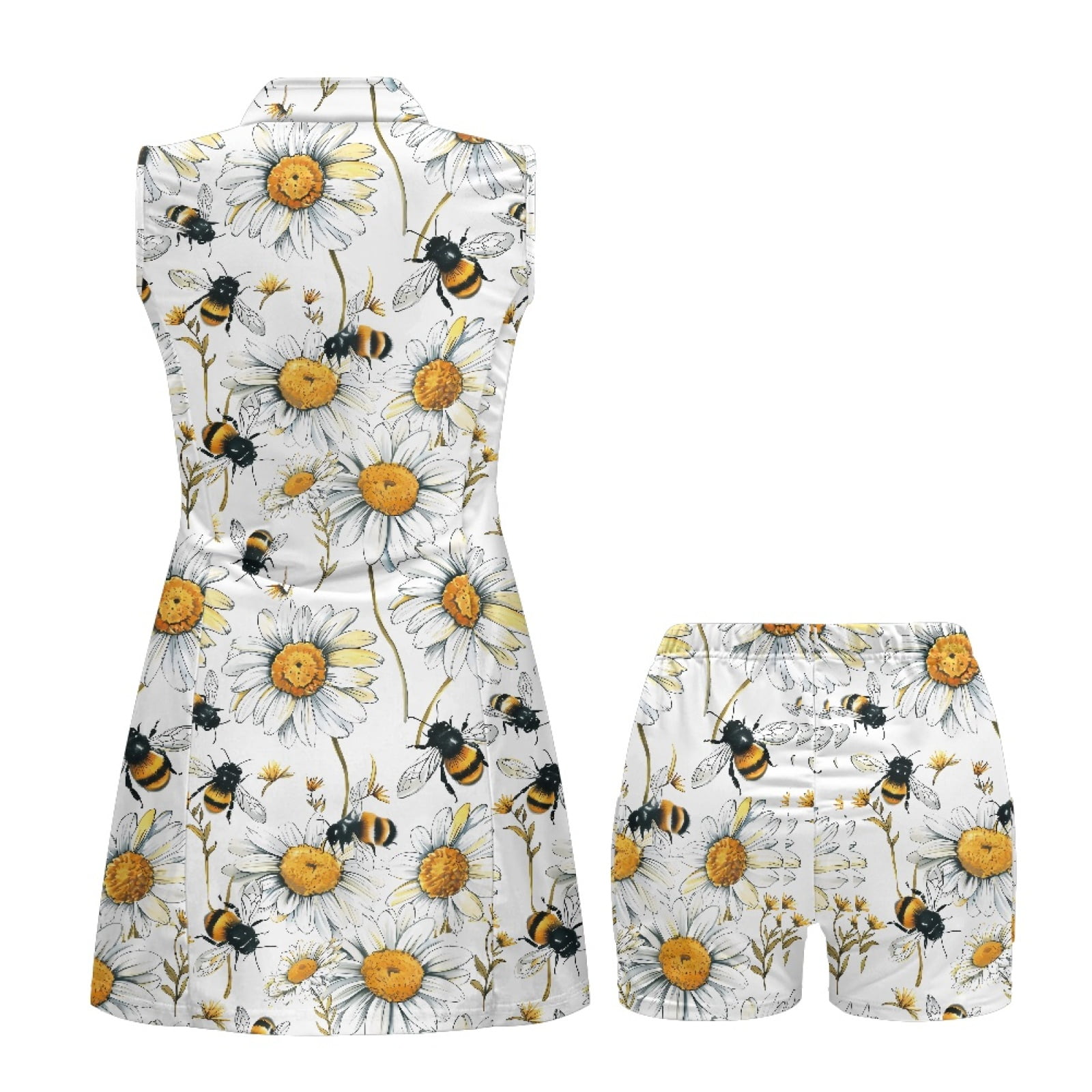 COEQINE Bee and Daisy Floral White Print Tennis Dress for Women Quick Dry Elastic Sports Dresses with Shorts 2 Pockets Sleeveless 2 Piece Set Golf Outfits with Collared Design, L