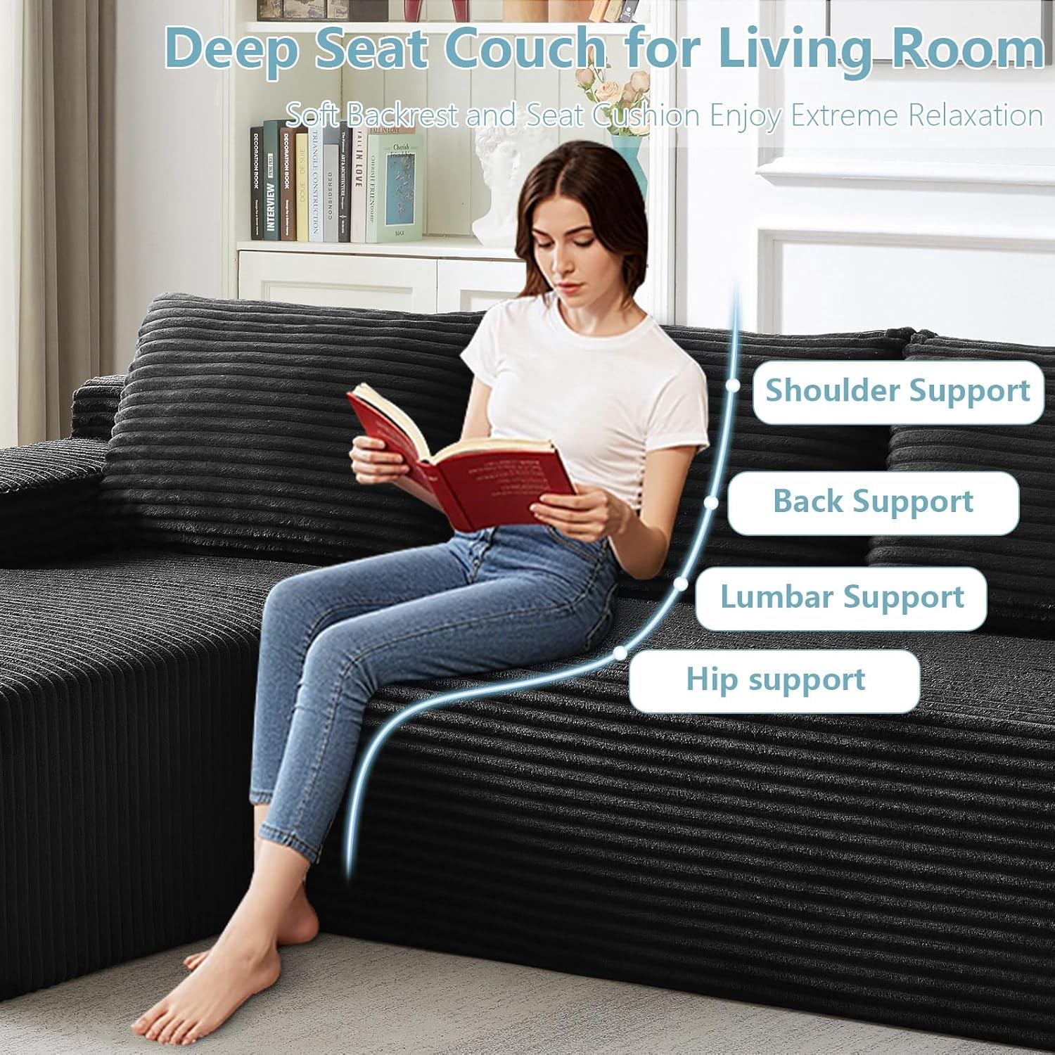 96" Boneless Cloud Couch with Chaise, Modular Sectional Sofa for Living Room, No Assembly Required, Deep Seat Corduroy Couch, Black