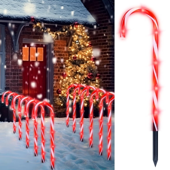 Joiedomi 12 Pcs Marqueurs de Chemin Canne de Bonbon de Noël, 17” Piquets Lumineux avec Rouge, Décorations Extérieures Étanches pour