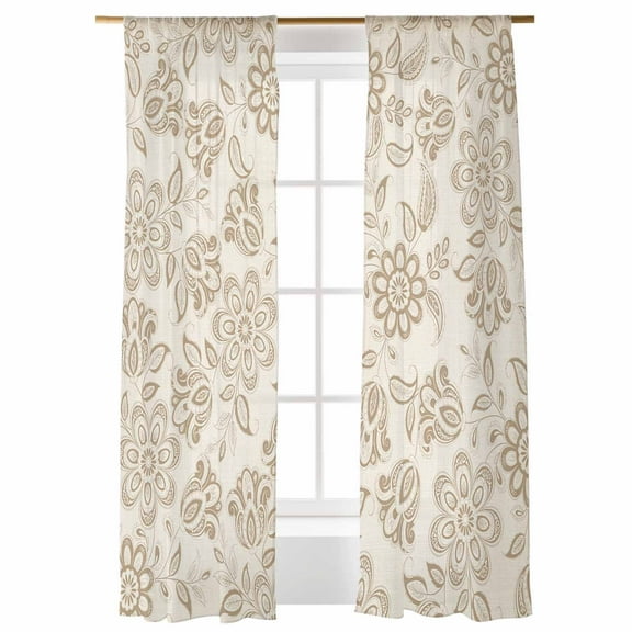 Sheer Curtains 108 inches Long, Abstract Paisley Pattern Vintage Ethnic Brown Flower Light Filtering Sheer Window Curtains Rod Pocket Voile Drapes for Bedroom Living Room, 52"W x 108"L 2 Panels